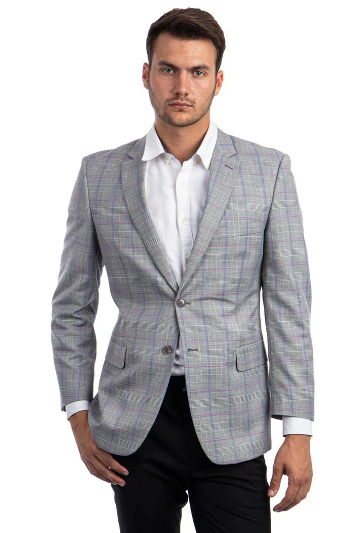 Saco vaquero - Western Sport Coat - Western Blazer - Men's Two Button Regular Fit Sport Coat In Light Grey With Blue & Pink Windowpane Plaid - Image 2