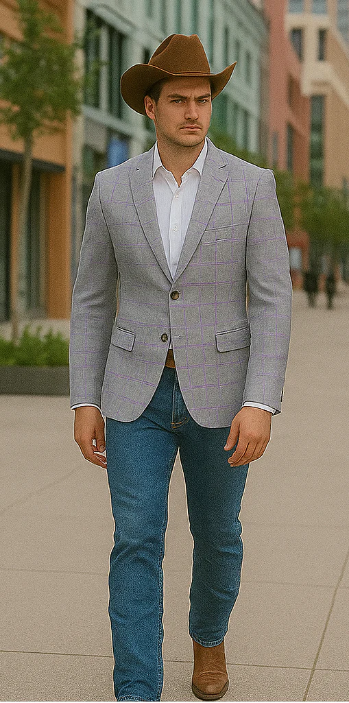 Saco vaquero - Western Sport Coat - Western Blazer - Men's Two Button Regular Fit Sport Coat In Light Grey With Blue & Pink Windowpane Plaid - Image 3