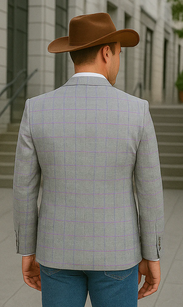 Saco vaquero - Western Sport Coat - Western Blazer - Men's Two Button Regular Fit Sport Coat In Light Grey With Blue & Pink Windowpane Plaid - Image 5