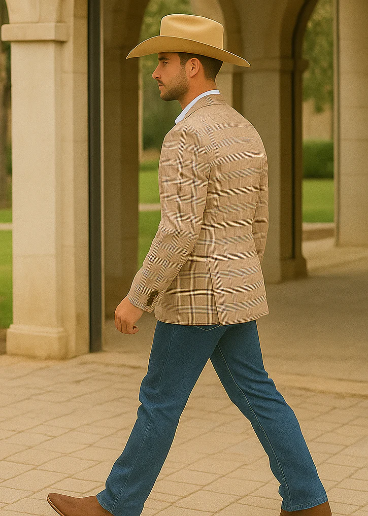 Saco vaquero - Western Sport Coat - Western Blazer- Men's Two Button Regular Fit Tan & Blue Double Windowpane Plaid Blazer - Image 5