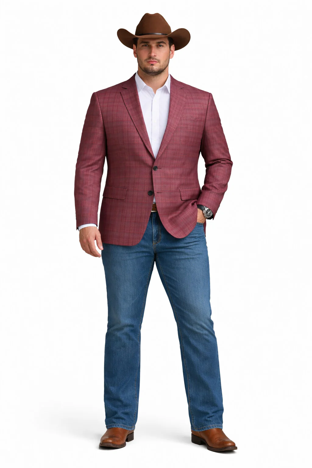 Saco vaquero - Western Sport Coat - Western Blazer - Men's Two Button Regular Fit Windowpane Mauve Plaid Sport Coat Blazer - Image 5