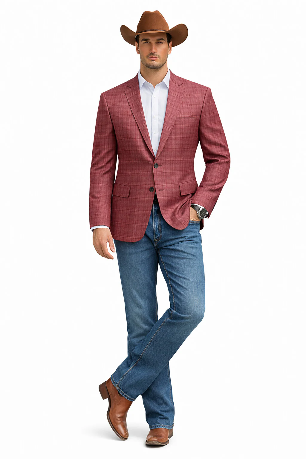 Saco vaquero - Western Sport Coat - Western Blazer - Men's Two Button Regular Fit Windowpane Mauve Plaid Sport Coat Blazer - Image 7