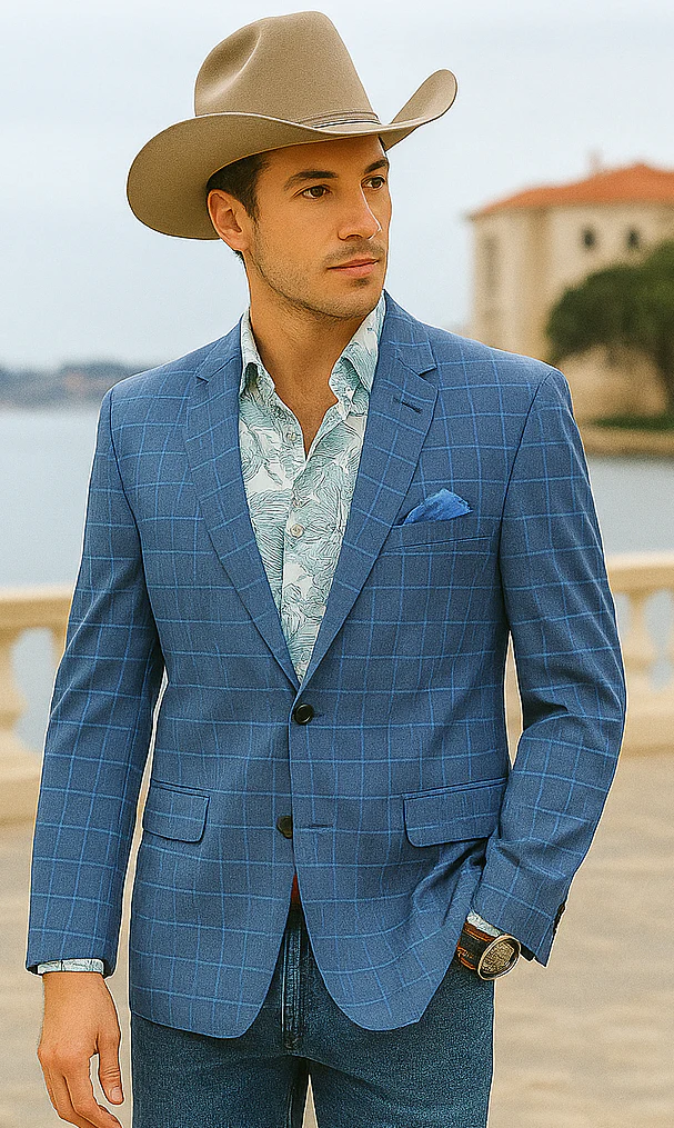 Saco vaquero - Western Sport Coat - Western Blazer - Men's Two Button Regular Fit Windowpane Plaid Teal Sport Coat Blazer