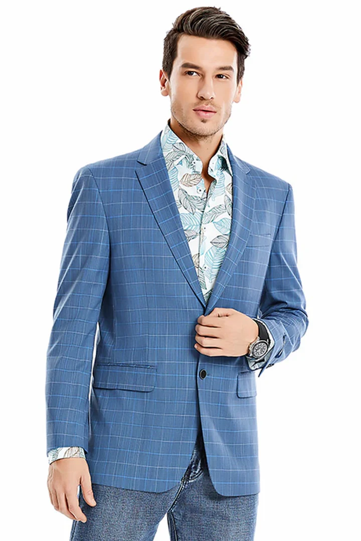 Saco vaquero - Western Sport Coat - Western Blazer - Men's Two Button Regular Fit Windowpane Plaid Teal Sport Coat Blazer - Image 2