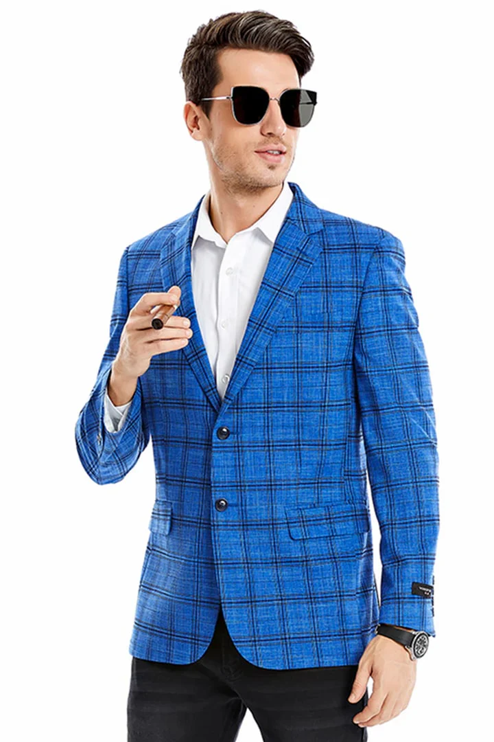 Saco vaquero - Western Sport Coat - Western Blazer - Men's Two Button Slim Fit Glen Plaid Sport Coat Blazer In Royal Blue - Image 2