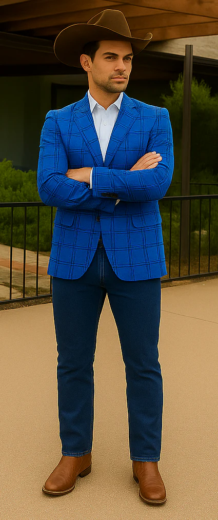 Saco vaquero - Western Sport Coat - Western Blazer - Men's Two Button Slim Fit Glen Plaid Sport Coat Blazer In Royal Blue - Image 3