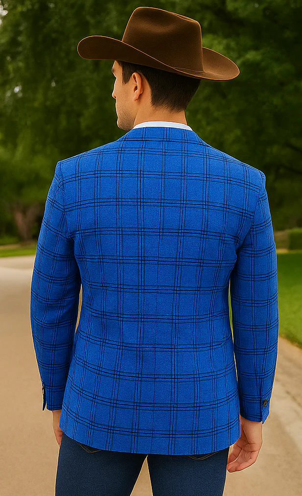 Saco vaquero - Western Sport Coat - Western Blazer - Men's Two Button Slim Fit Glen Plaid Sport Coat Blazer In Royal Blue - Image 4