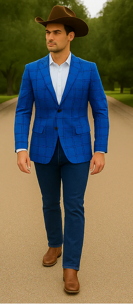 Saco vaquero - Western Sport Coat - Western Blazer - Men's Two Button Slim Fit Glen Plaid Sport Coat Blazer In Royal Blue - Image 5