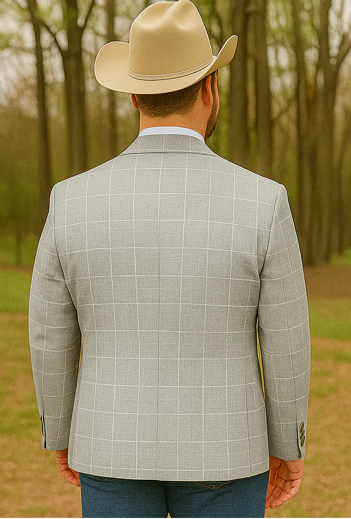 Saco vaquero - Western Sport Coat - Western Blazer   - Mens Two Button Slim Fit Sport Coat Blazer In Light Grey Ash Windowpane Plaid - Image 7