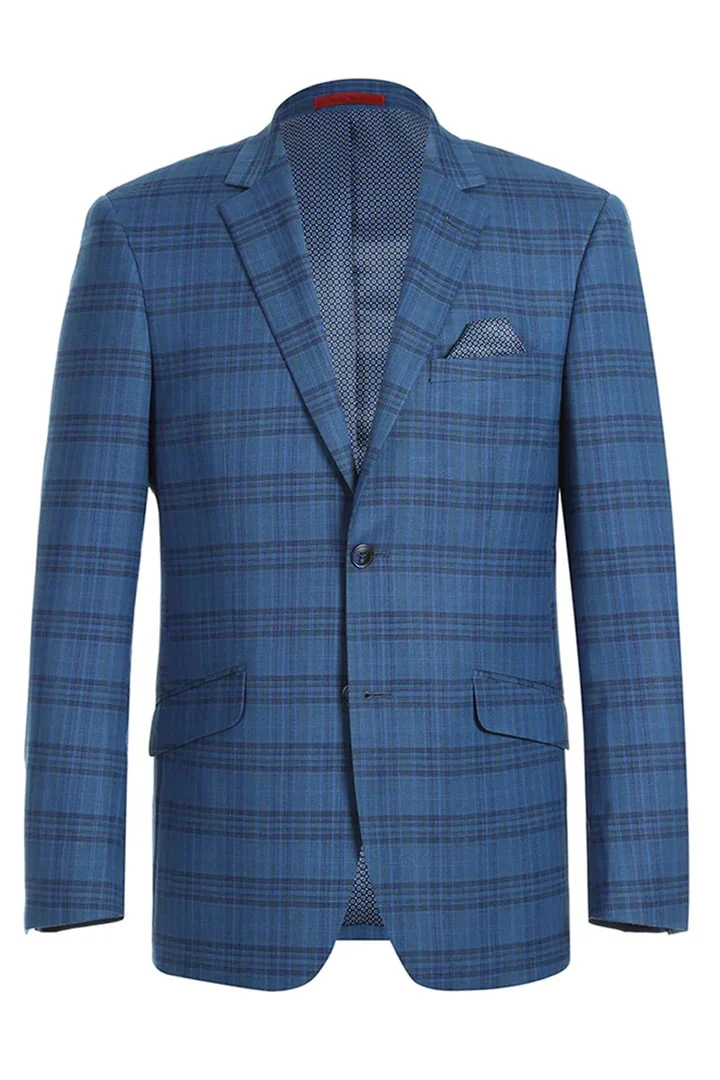 Saco vaquero - Western Sport Coat - Western Blazer- Mens Two Button Slim Fit Sport Coat Blazer In Medium Indigo Blue Windowpane Plaid - Image 2