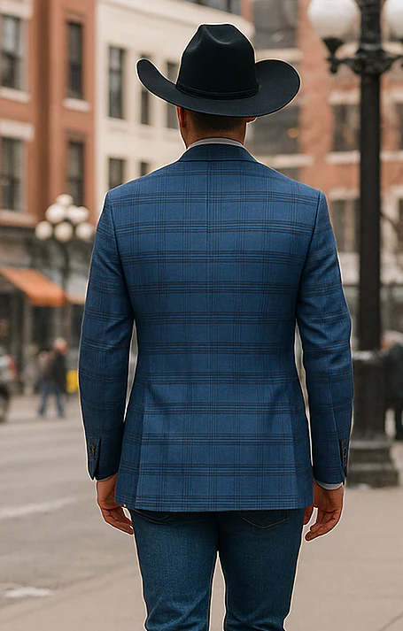 Saco vaquero - Western Sport Coat - Western Blazer- Mens Two Button Slim Fit Sport Coat Blazer In Medium Indigo Blue Windowpane Plaid - Image 7