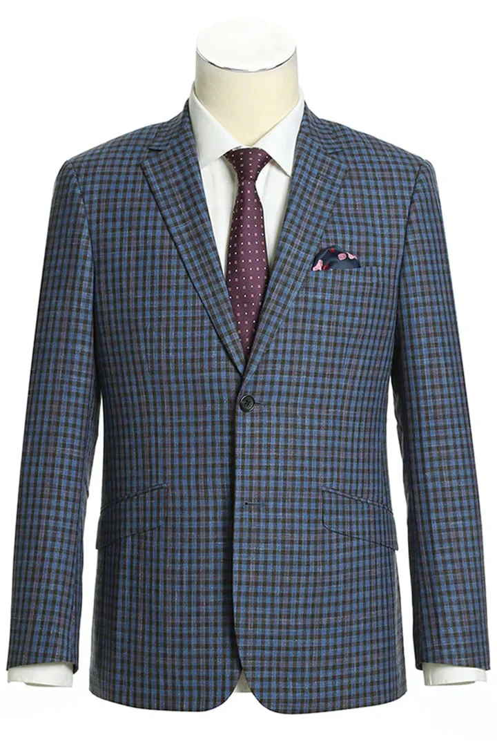 Saco vaquero - Western Sport Coat - Western Blazer - Mens Two Button Slim Fit Wool Sport Coat Blazer In Navy Blue & Burgundy Mini Check - Image 2
