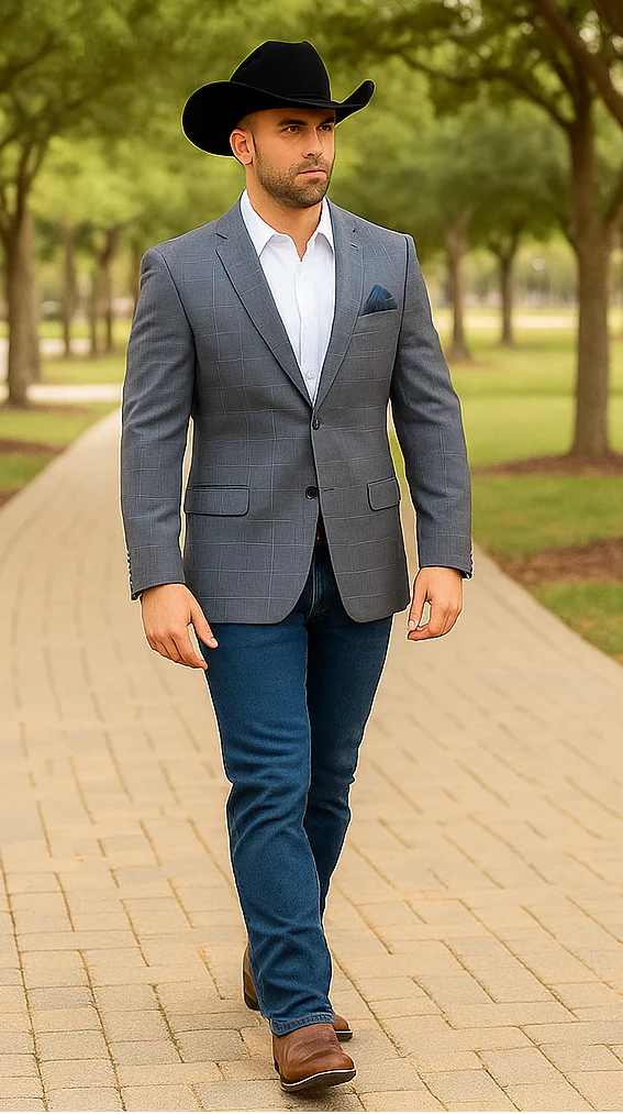 Saco vaquero - Western Sport Coat - Western Blazer - Men's Two Button Windowpane Plaid Blue Sport Coat - Image 3