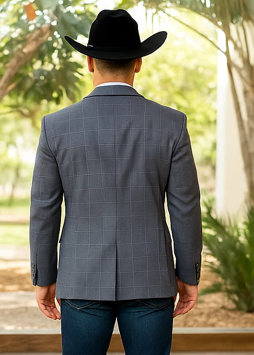 Saco vaquero - Western Sport Coat - Western Blazer - Men's Two Button Windowpane Plaid Blue Sport Coat - Image 4