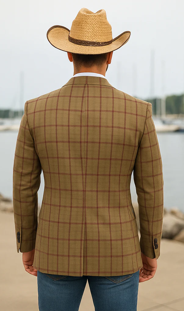 Saco vaquero - Western Sport Coat - Western Blazer- Men's Two Button Windowpane Plaid Bronze Sport Coat - Image 5