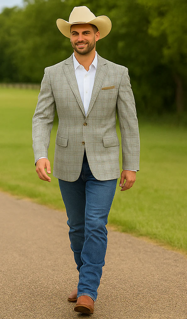 Saco vaquero - Western Sport Coat - Western Blazer- Men's Two Button Windowpane Plaid Grey Sport Coat - Image 4