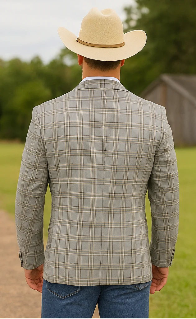 Saco vaquero - Western Sport Coat - Western Blazer- Men's Two Button Windowpane Plaid Grey Sport Coat - Image 5
