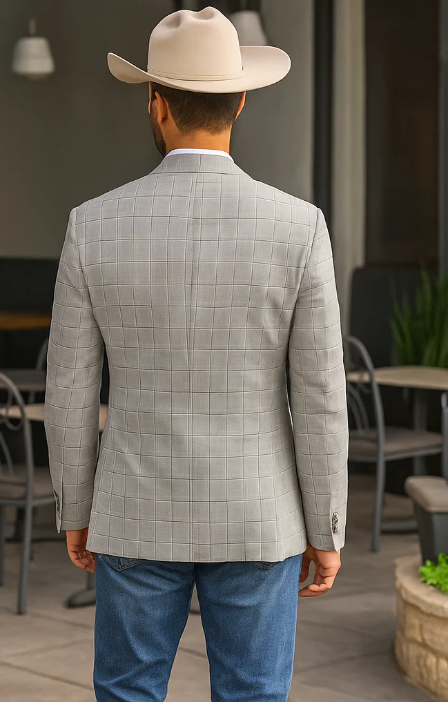 Saco vaquero - Western Sport Coat - Western Blazer - Men's Two Button Windowpane Plaid Light Grey Sport Coat - Image 3