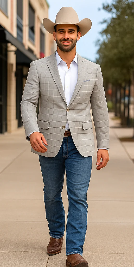 Saco vaquero - Western Sport Coat - Western Blazer - Men's Two Button Windowpane Plaid Light Grey Sport Coat - Image 4