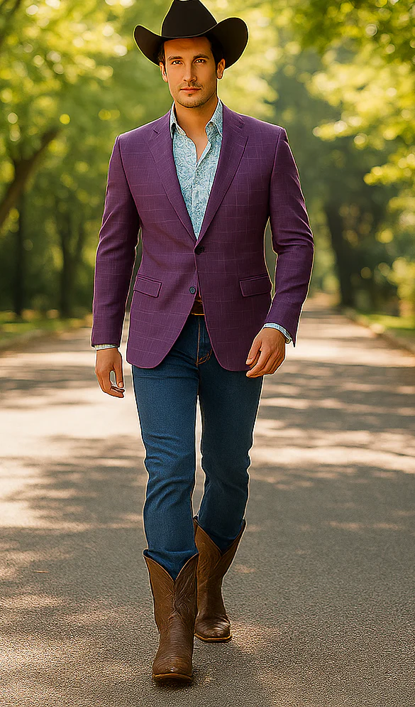 Saco vaquero - Western Sport Coat - Western Blazer  - Men's Two Button Windowpane Plaid Magenta  Sport Coat Blazer - Image 3