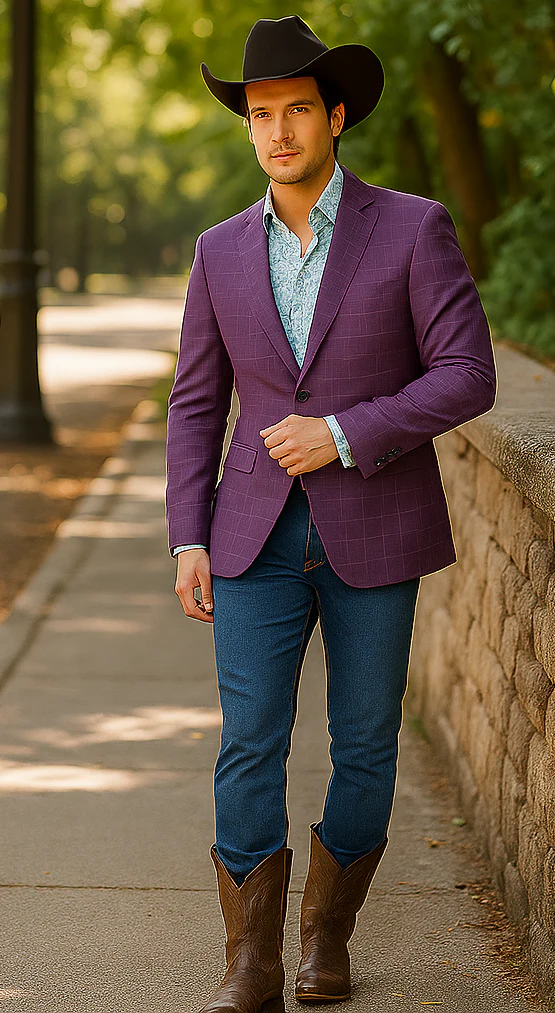 Saco vaquero - Western Sport Coat - Western Blazer  - Men's Two Button Windowpane Plaid Magenta  Sport Coat Blazer - Image 4