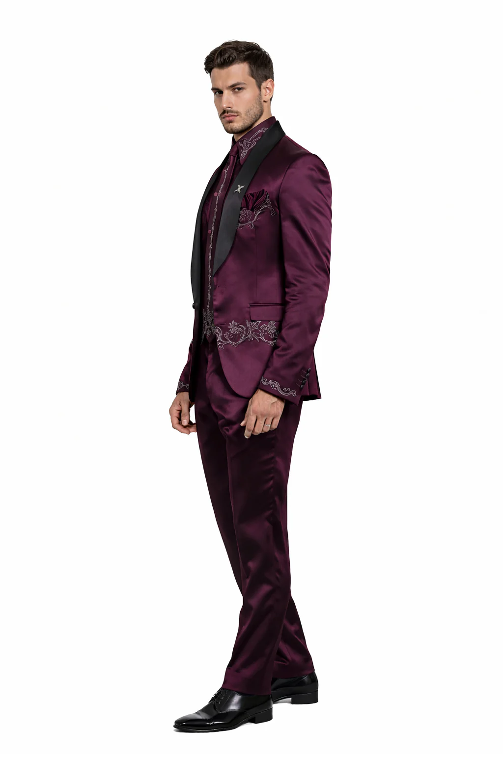 Sateen Fabric Suit - Shiny Tuxedo - Prom Suit - Groom Tuxedos - Burgundy - Image 3