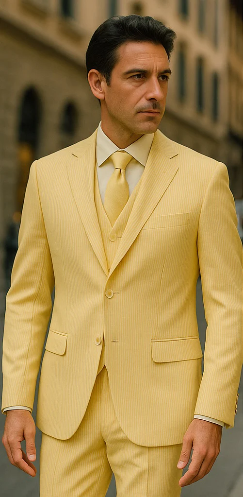 Sear Sucker Suit Mens 3pc 100% Cotton Seersucker Sear sucker suit Yellow & Green Striped - High End Suits - High Quality Suits - Image 2