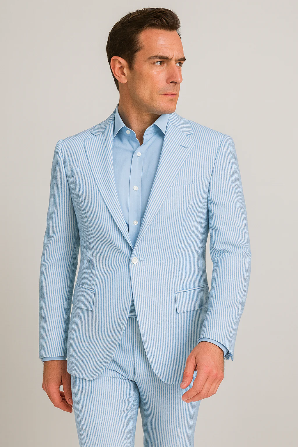 Seersucker Suit Peak Lapel Suit in Color "BLUE" - Summer Fabric Tone on Tone Shadow Stripe By Rossiman - Image 2