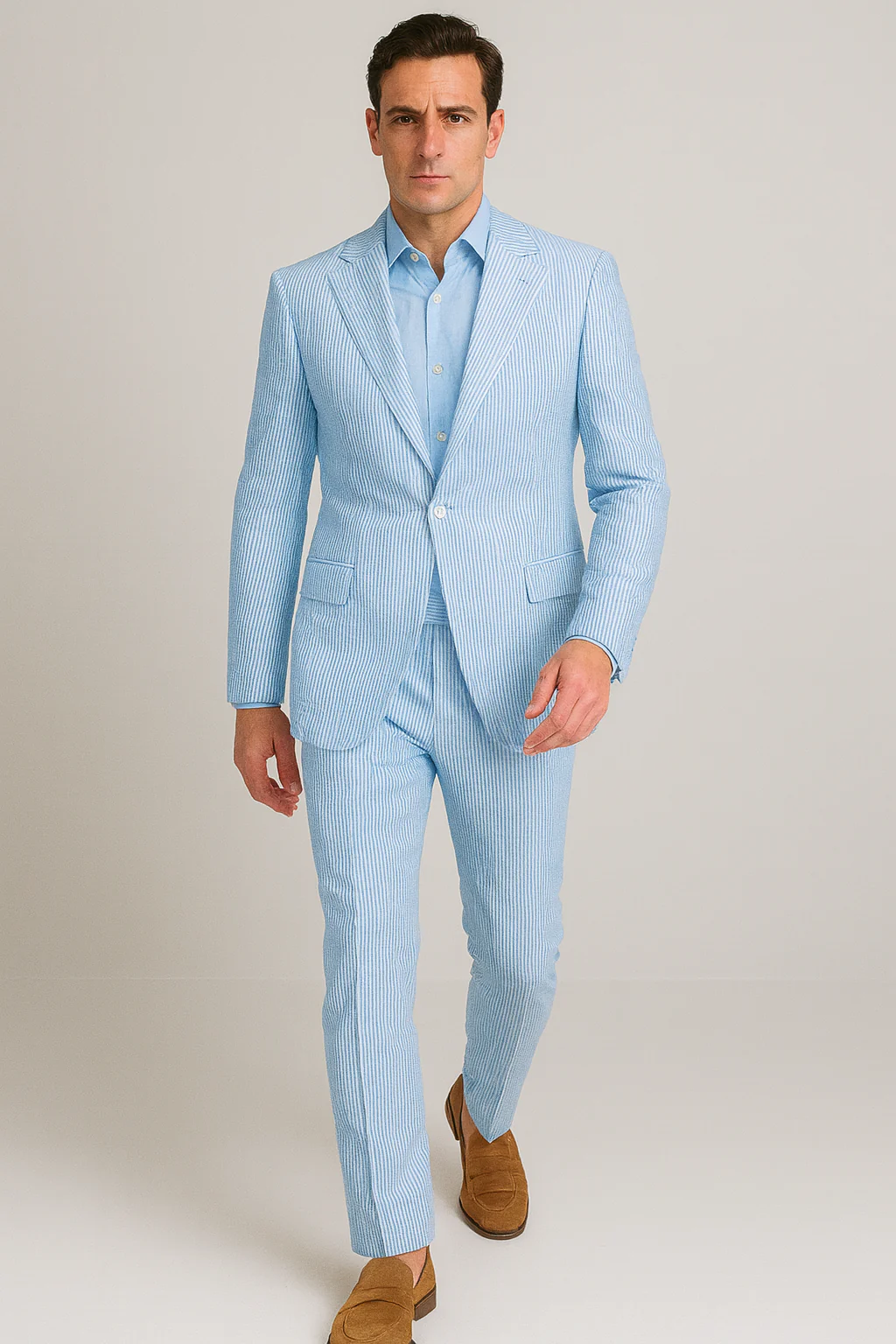 Seersucker Suit Peak Lapel Suit in Color "BLUE" - Summer Fabric Tone on Tone Shadow Stripe By Rossiman - Image 3