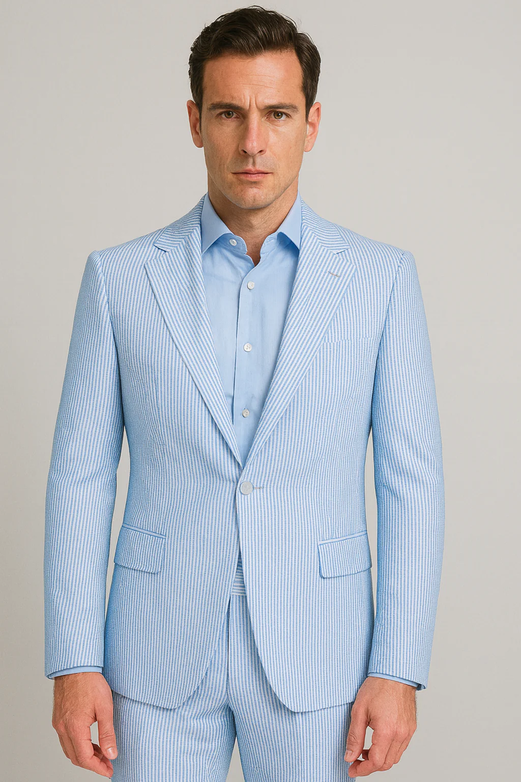 Seersucker Suit Peak Lapel Suit in Color "BLUE" - Summer Fabric Tone on Tone Shadow Stripe By Rossiman - Image 7