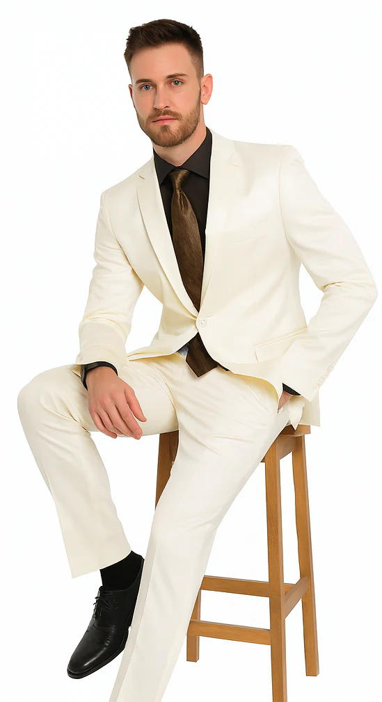 Shiny Sharkskin Metallic 2 Button Suits Off-White - Image 3