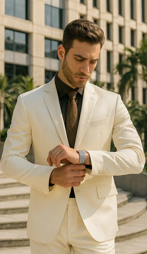 Shiny Sharkskin Metallic 2 Button Suits Off-White - Image 5