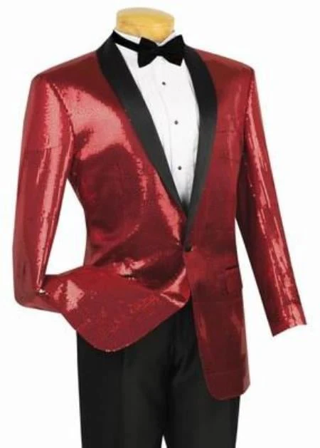 Shiny Sharkskin Metallic Scarlet Red Sequin Formal Sport coat Jacket - Image 9