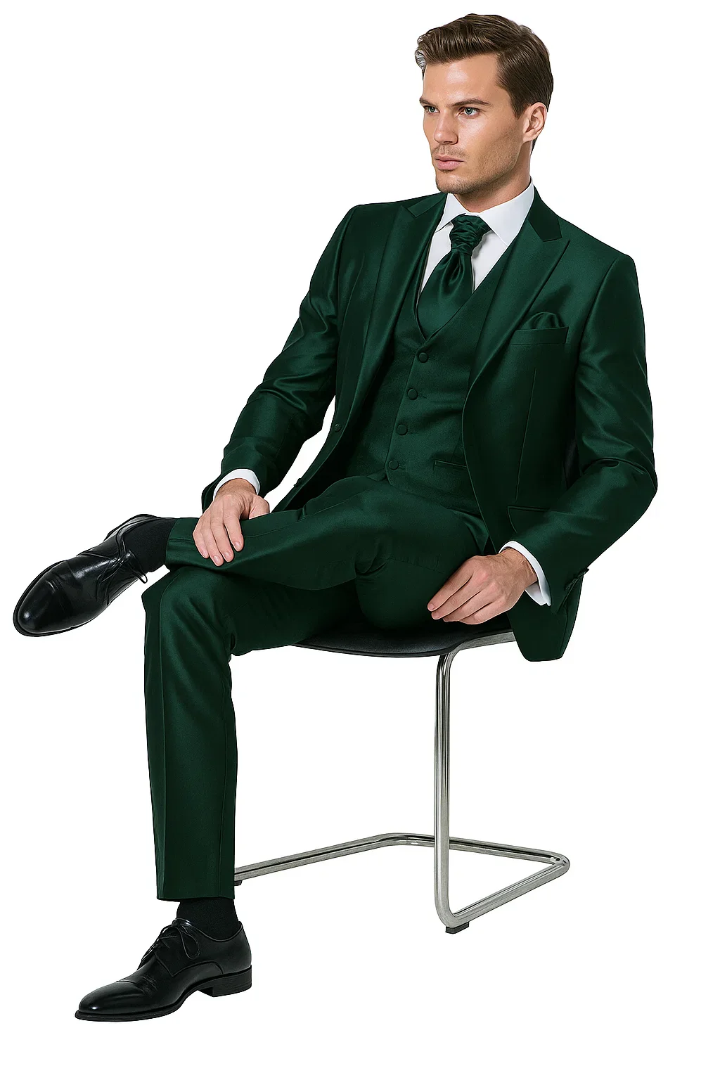 Shiny Suit - Prom Suit - Vested Sateen Flashy Suit - Hunter Green - Emerald Color - Image 5