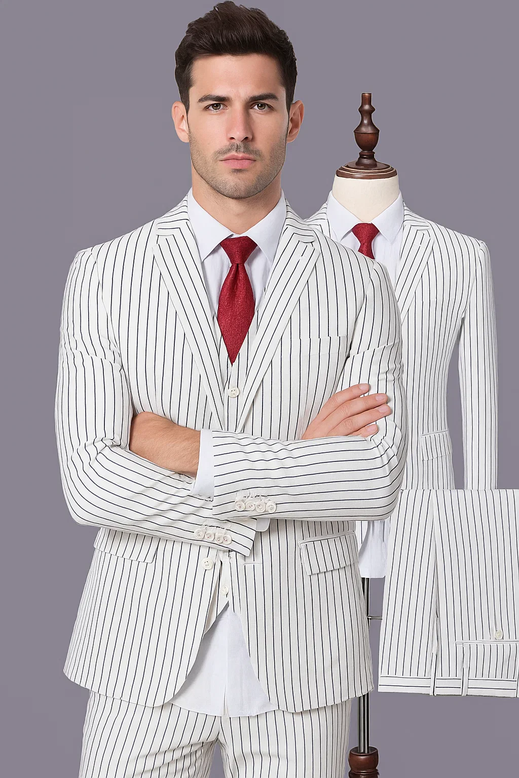 SKU#JA60387 White Suit With Black Pinstripe - 1920's 1940's Dress Suit - Image 3