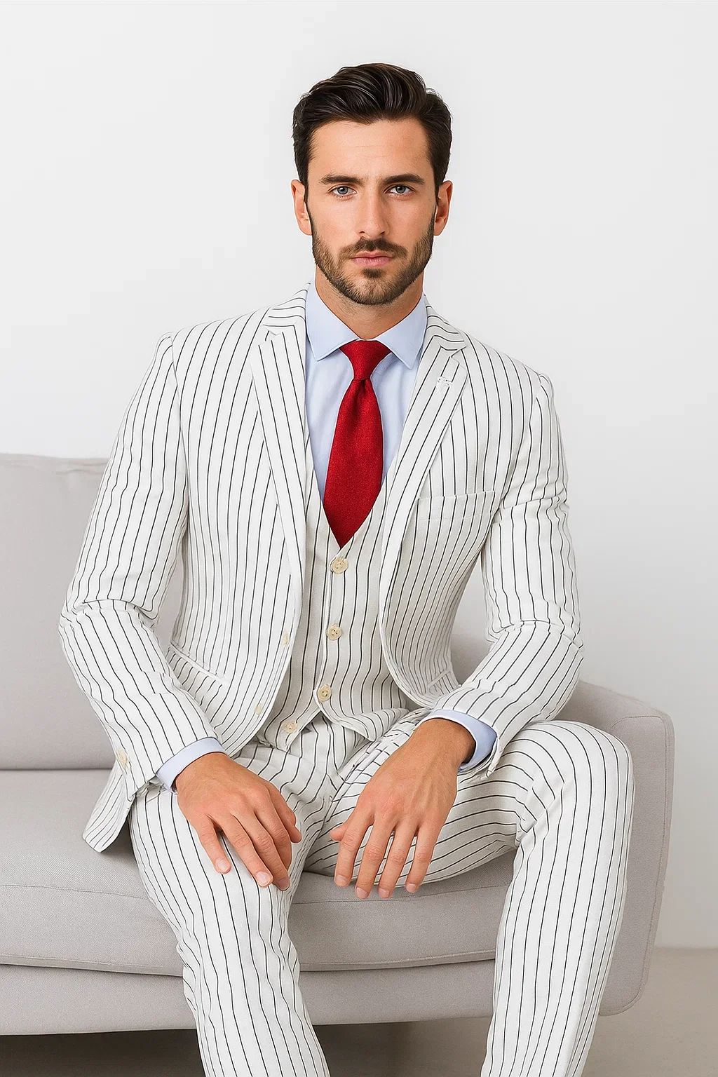 SKU#JA60387 White Suit With Black Pinstripe - 1920's 1940's Dress Suit - Image 8
