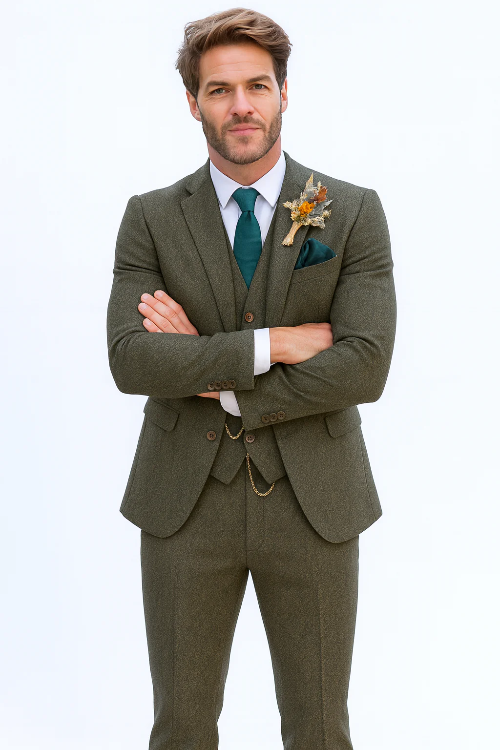 SKU#JA60784 Groomsmen Tweed Suit - Green Herringbone Western Suit - Traje Para Hombre - Image 3