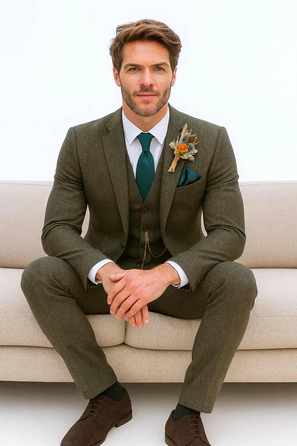 SKU#JA60784 Groomsmen Tweed Suit - Green Herringbone Western Suit - Traje Para Hombre - Image 6