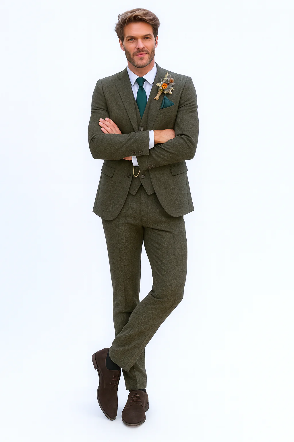SKU#JA60784 Groomsmen Tweed Suit - Green Herringbone Western Suit - Traje Para Hombre - Image 8