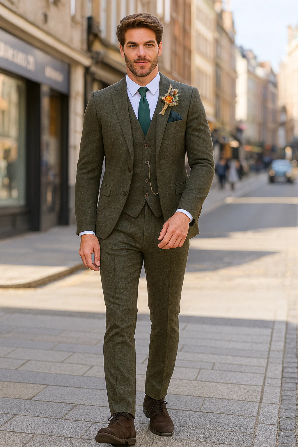 SKU#JA60784 Groomsmen Tweed Suit - Green Herringbone Western Suit - Traje Para Hombre - Image 9
