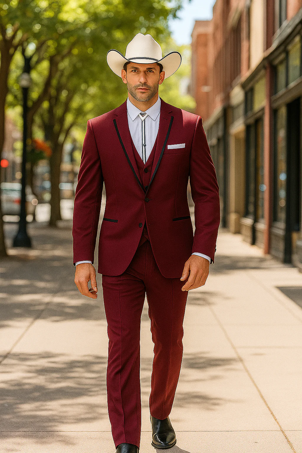 SKU#JA60892 Country Tuxedos For Weddings Mens Traje Vaquero Suit - Burgundy Tuxedo - Image 9