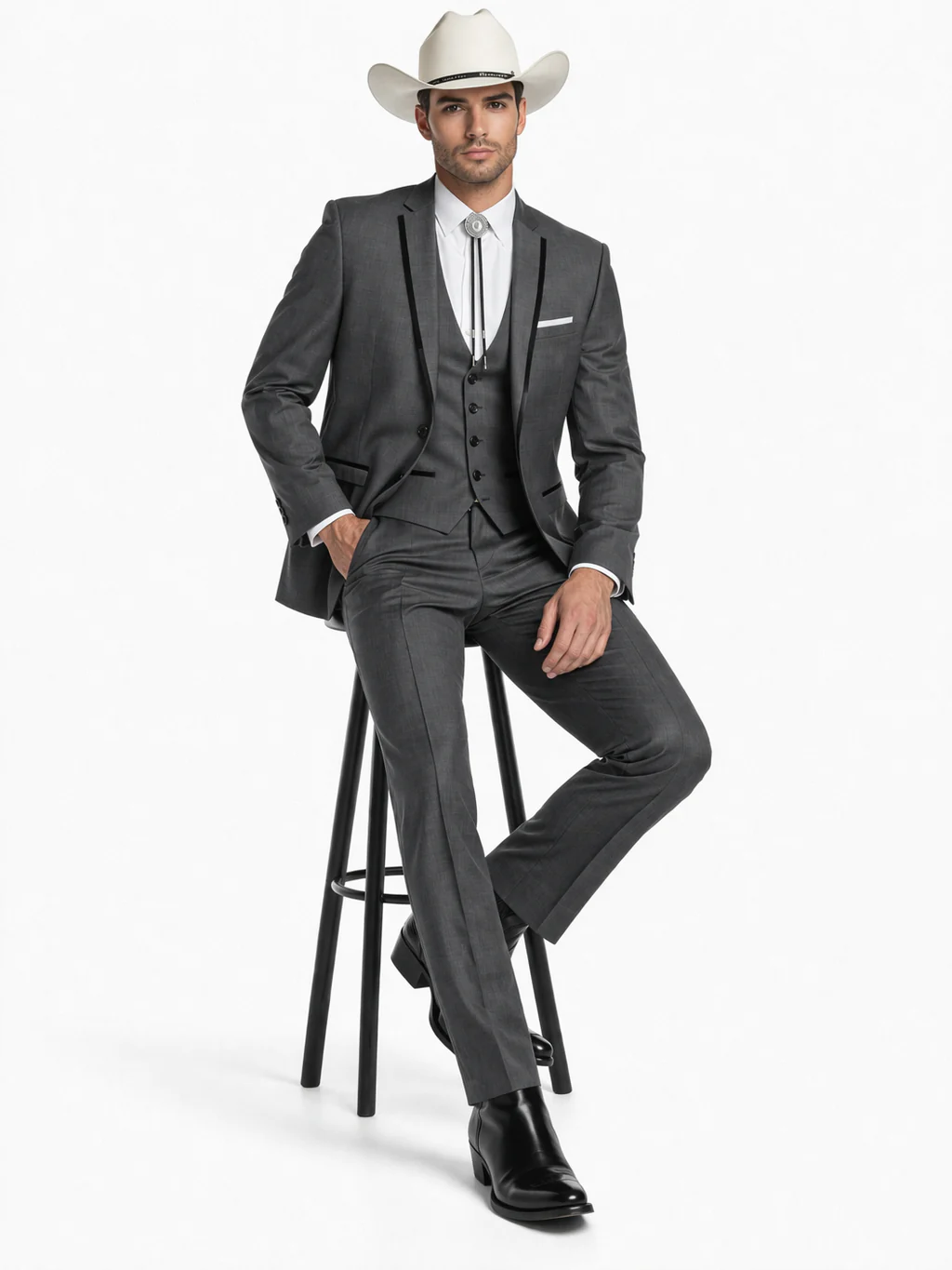 SKU#JA60894 Country Tuxedos For Weddings Mens Traje Vaquero Suit - Dark Grey Tuxedo Slim Fit - Image 4