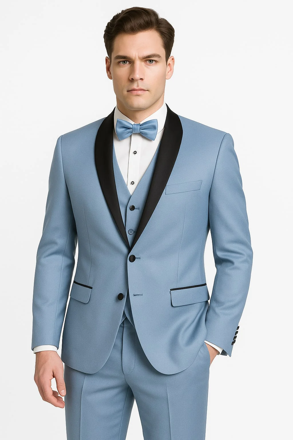 Sky Blue Tuxedo with Black Shawl Lapel Slim Fit Prom and Wedding Suit in Baby Blue Color - Light Blue - Image 2