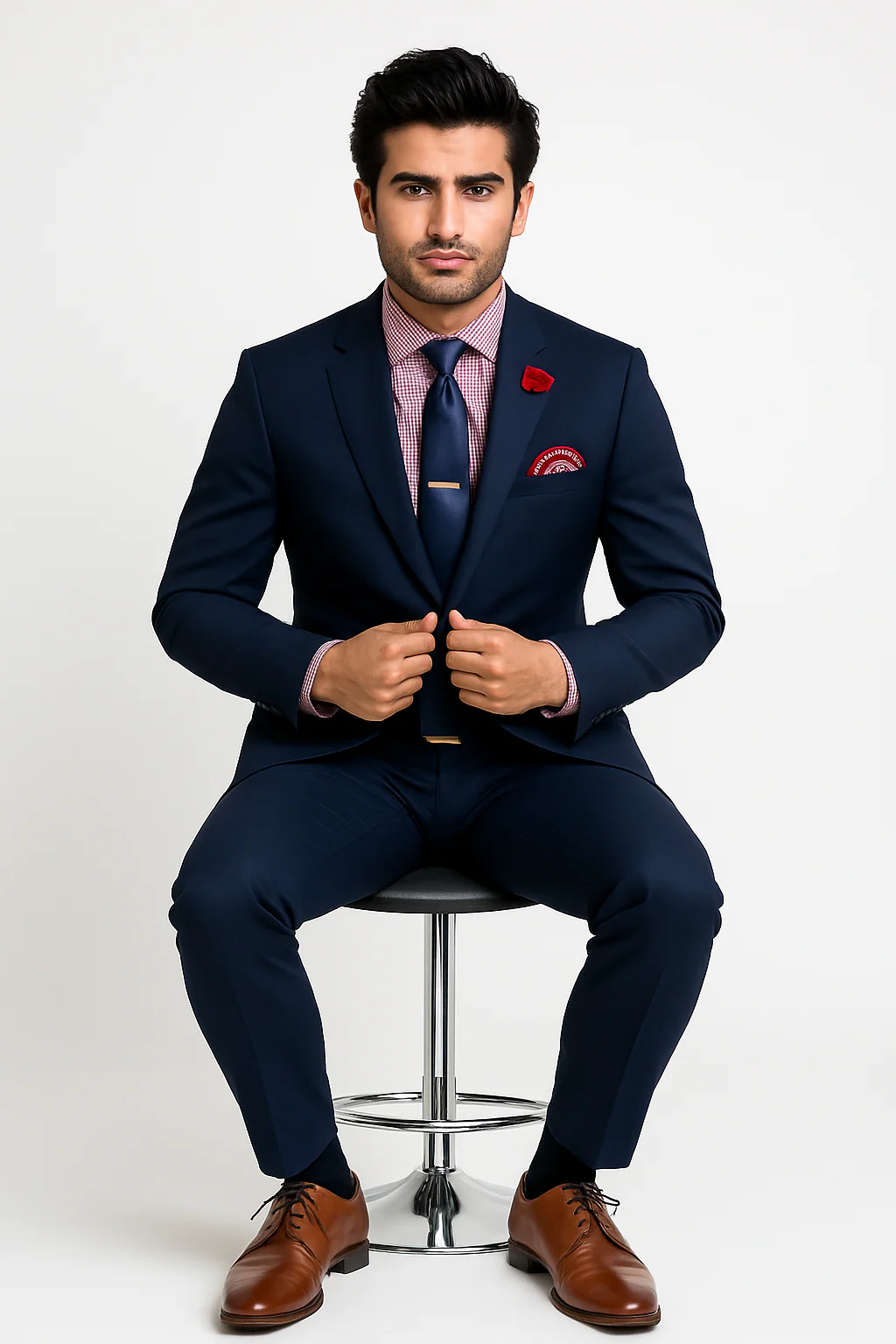 Vitali Brand Suits - Slim Fit 2 Button Sharkskin Textured Pattern Tapered Fit Suit With Vent Dark Blue Online Discount Fashion Sale - Image 4