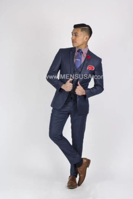 Vitali Brand Suits - Slim Fit 2 Button Sharkskin Textured Pattern Tapered Fit Suit With Vent Dark Blue Online Discount Fashion Sale - Image 8