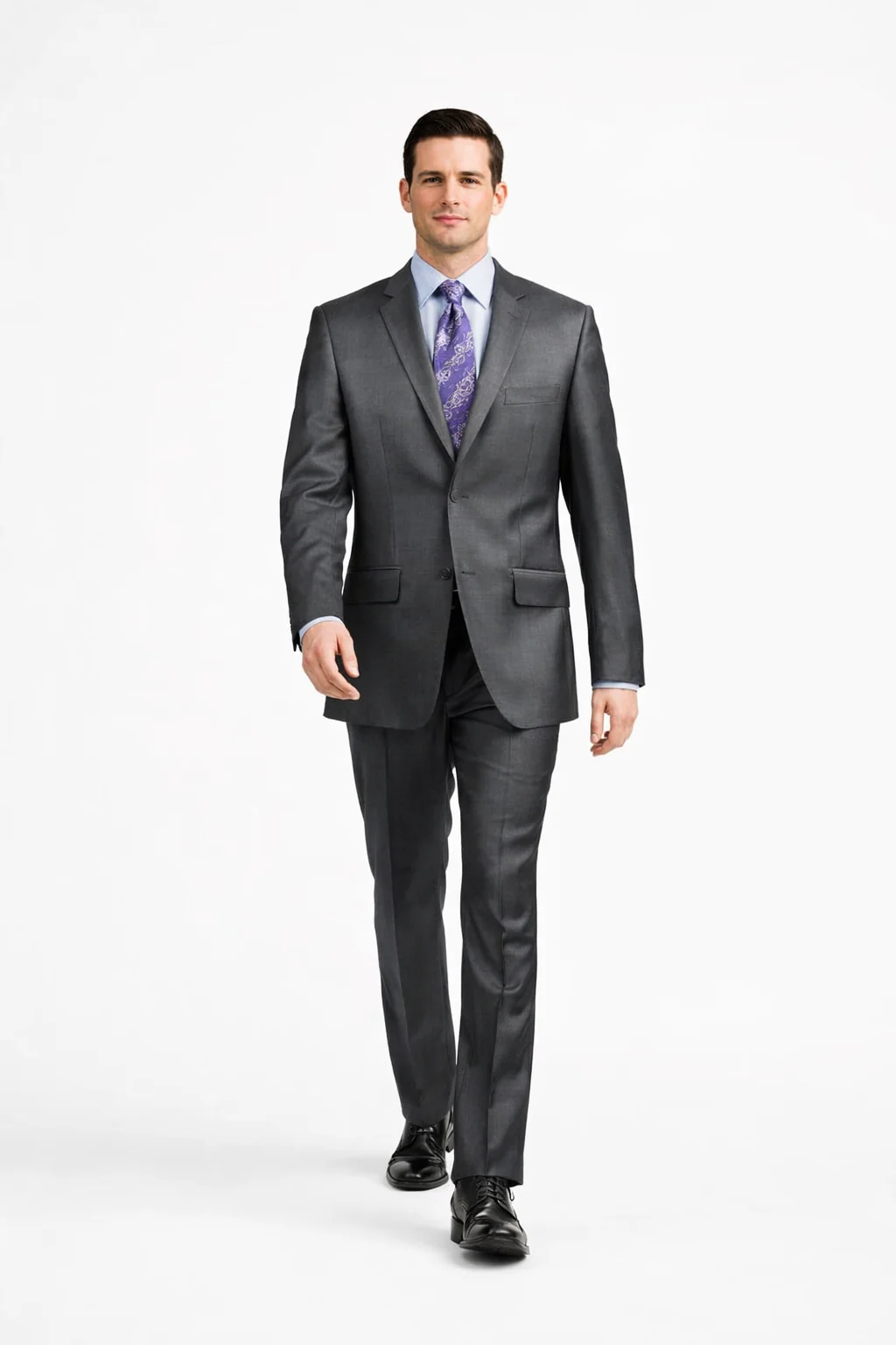 Slim Fit Suit Tapered Leg Lower rise Pants & Get skinny Two Button Three Piece Grey Sharkskin Suit with Contrast Taping - Image 6