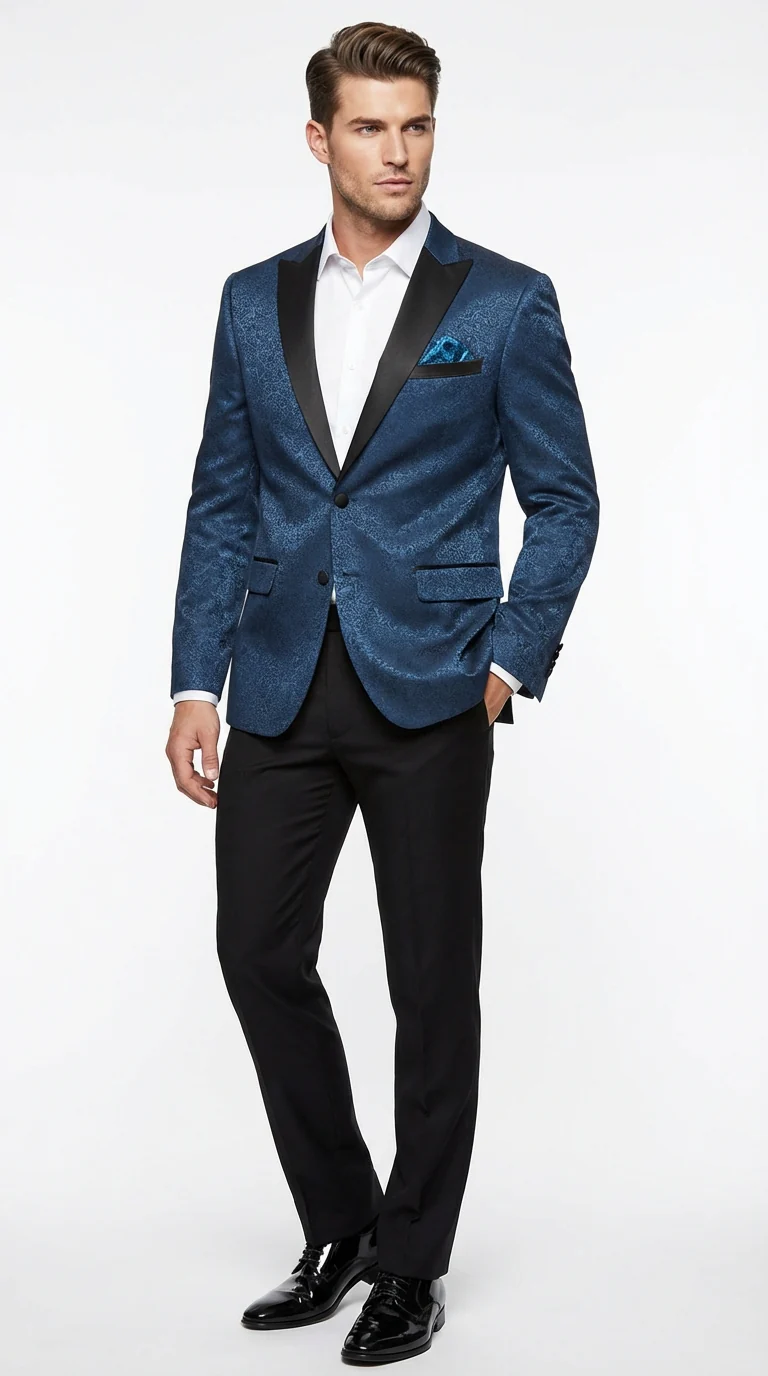 Slim Fitted Mens Teal Blue Jacquard Paisley Blazer – Black Peak Lapel Formal Dinner Jacket Slim Fit