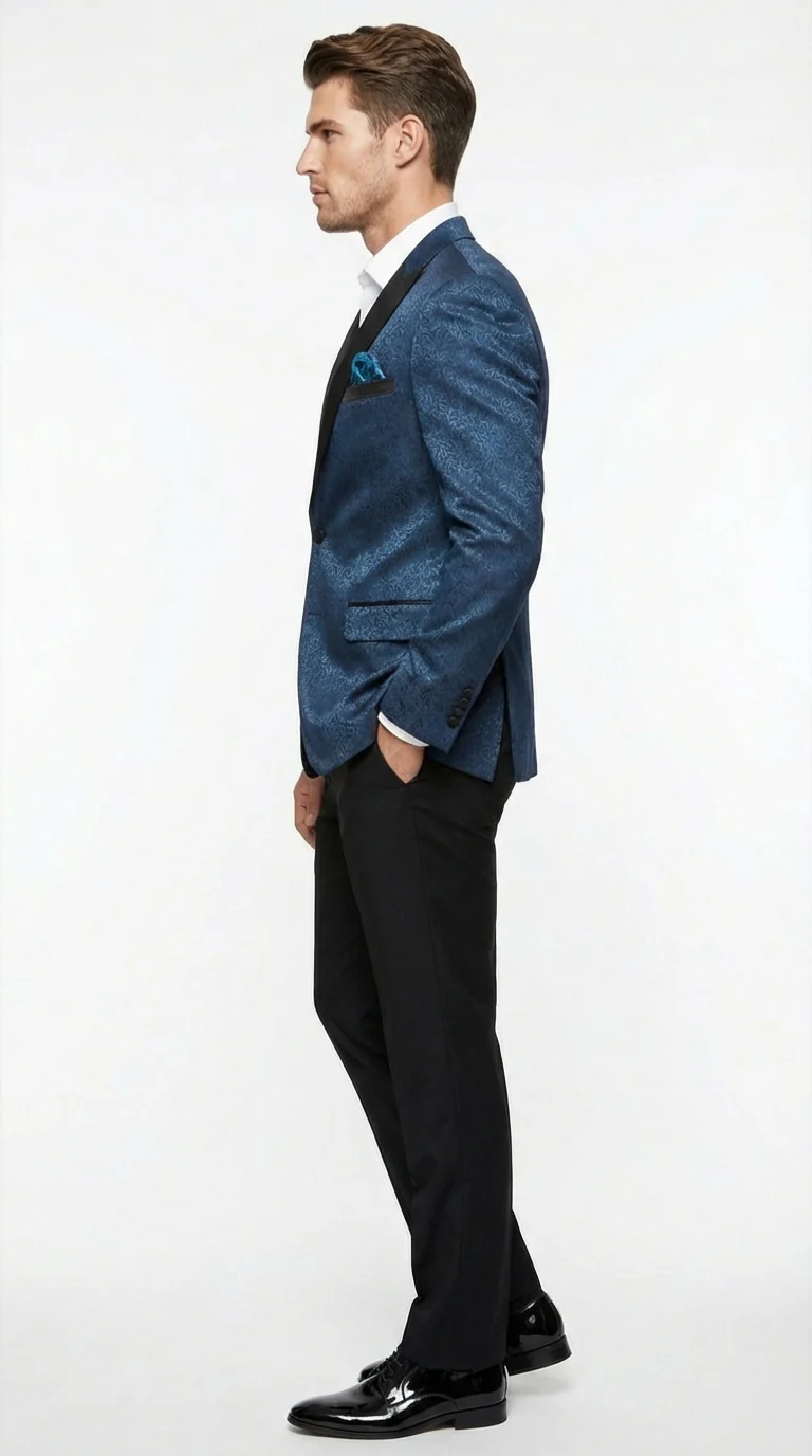Slim Fitted Mens Teal Blue Jacquard Paisley Blazer – Black Peak Lapel Formal Dinner Jacket Slim Fit - Image 10