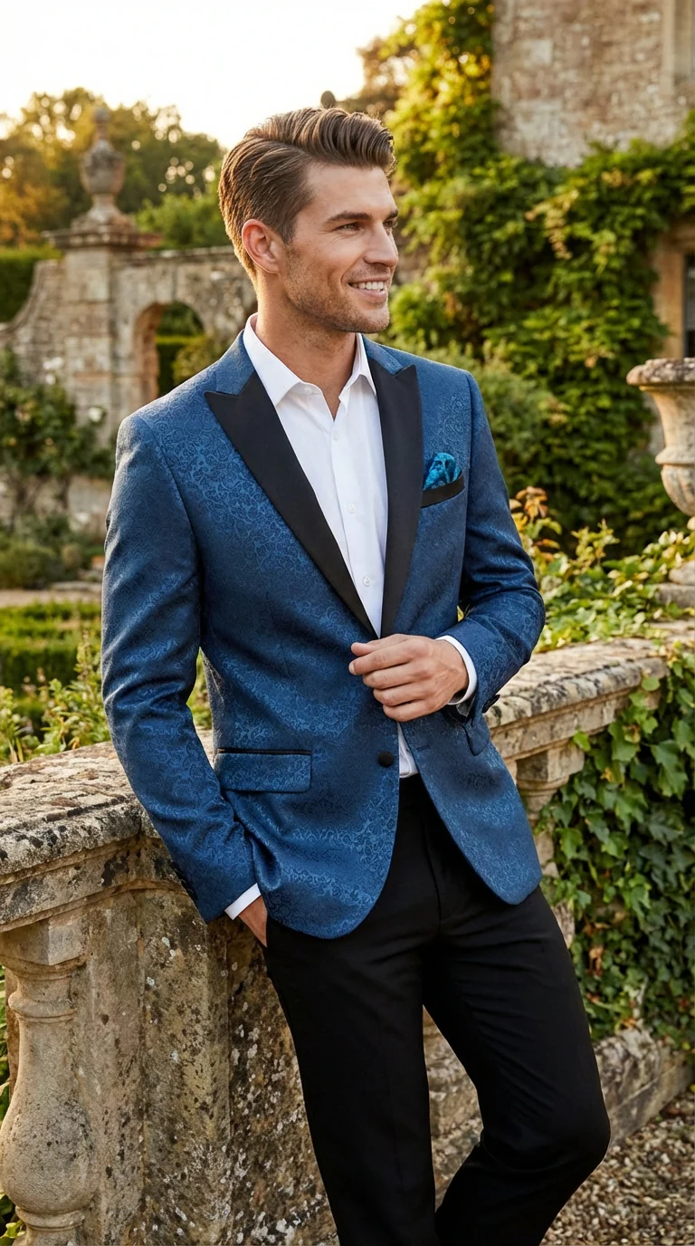 Slim Fitted Mens Teal Blue Jacquard Paisley Blazer – Black Peak Lapel Formal Dinner Jacket Slim Fit - Image 2