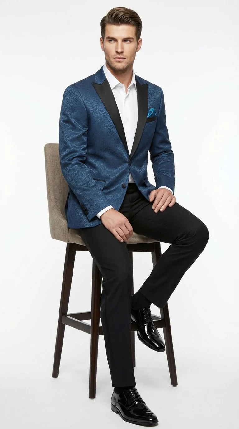 Slim Fitted Mens Teal Blue Jacquard Paisley Blazer – Black Peak Lapel Formal Dinner Jacket Slim Fit - Image 3
